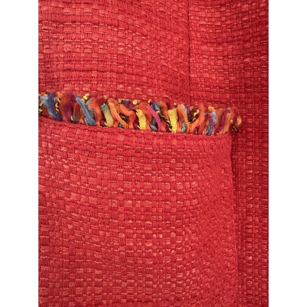 Talbots Tweed Sheath Dress Size 10 Coral Red Fringe Trim Sleeveless Lined Pocket - Picture 6 of 12